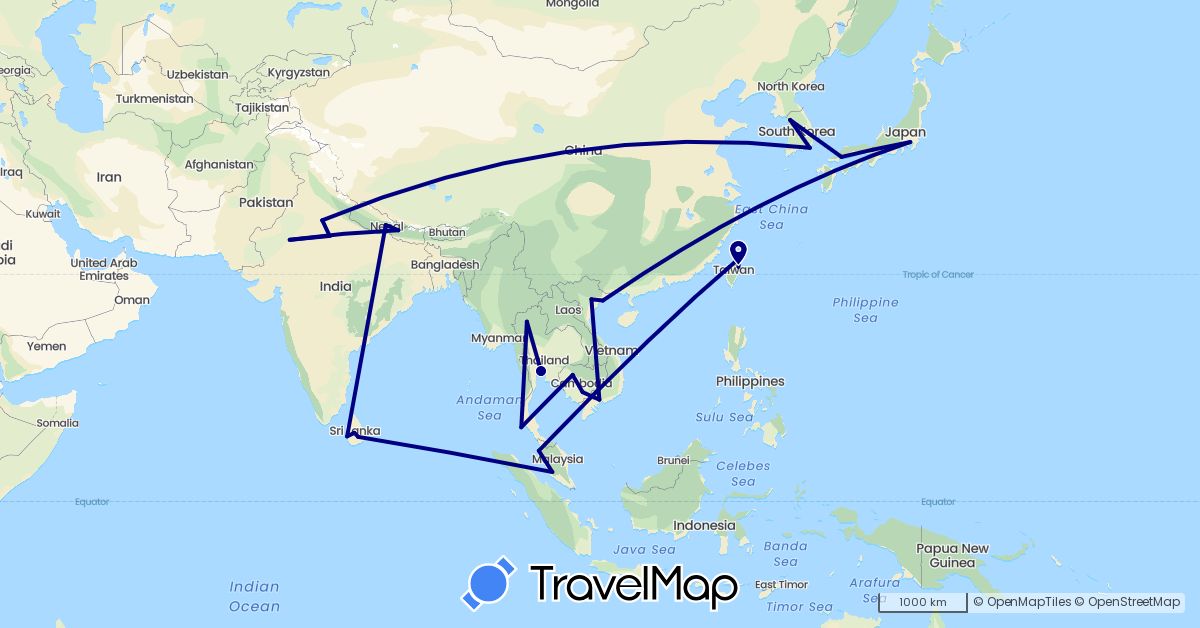 TravelMap itinerary: driving in India, Japan, Cambodia, South Korea, Sri Lanka, Malaysia, Nepal, Thailand, Taiwan, Vietnam (Asia)